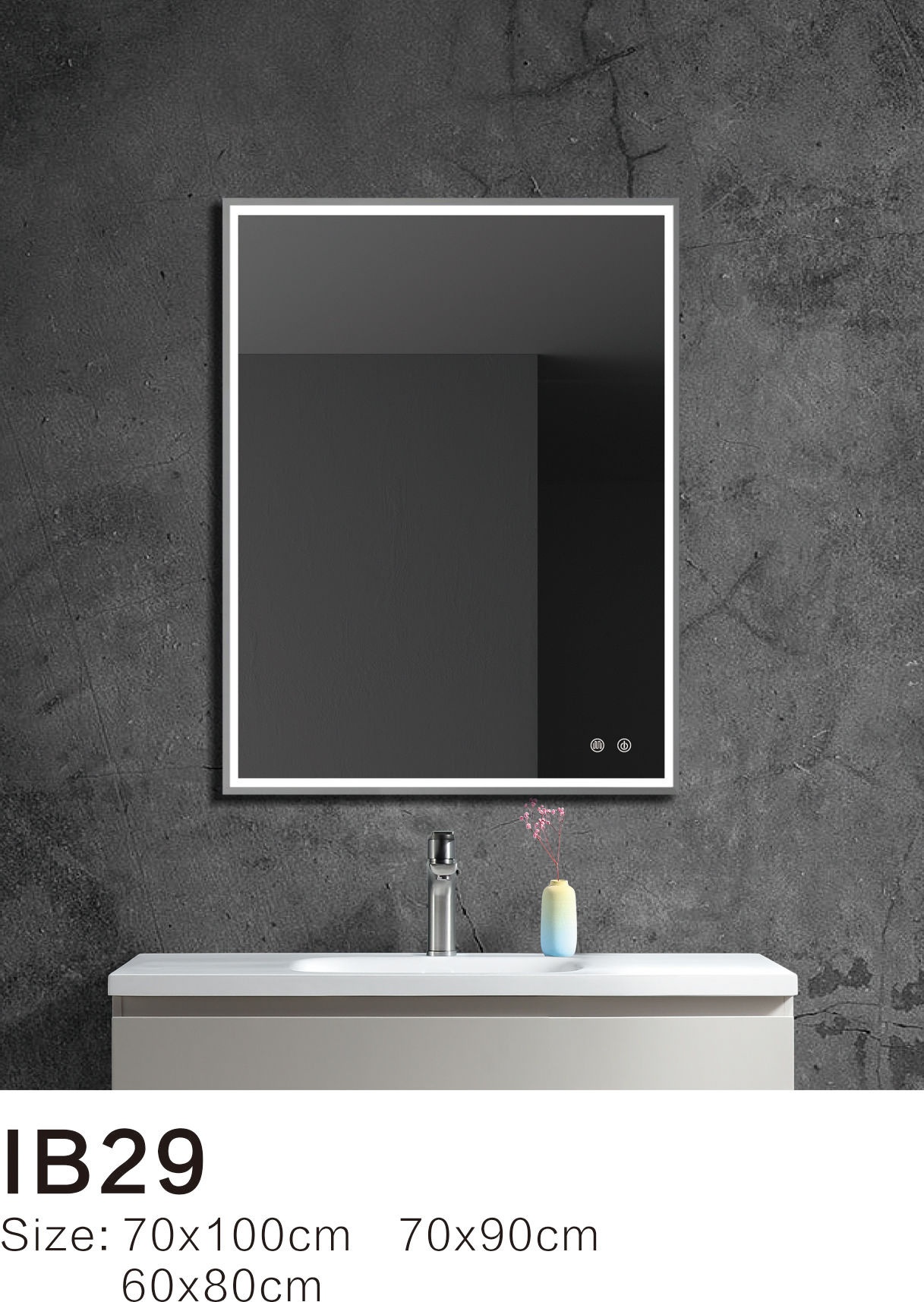 Slim Silver Grey Border Rectangular Backlit LED Mirror IB29