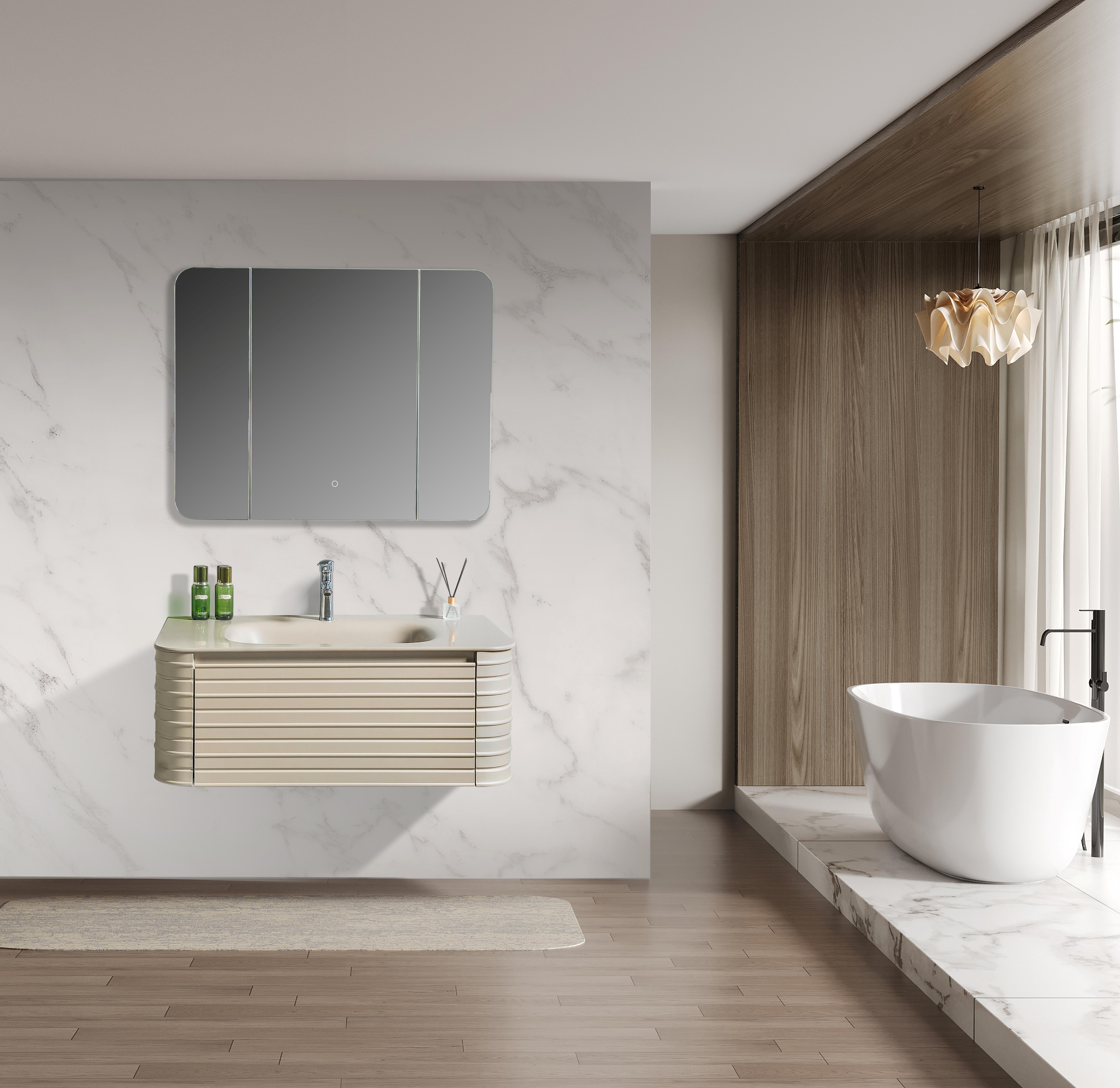 PVC Bathroom Wall Wash Basin Cabinet With Hand Touch Mirror LY012