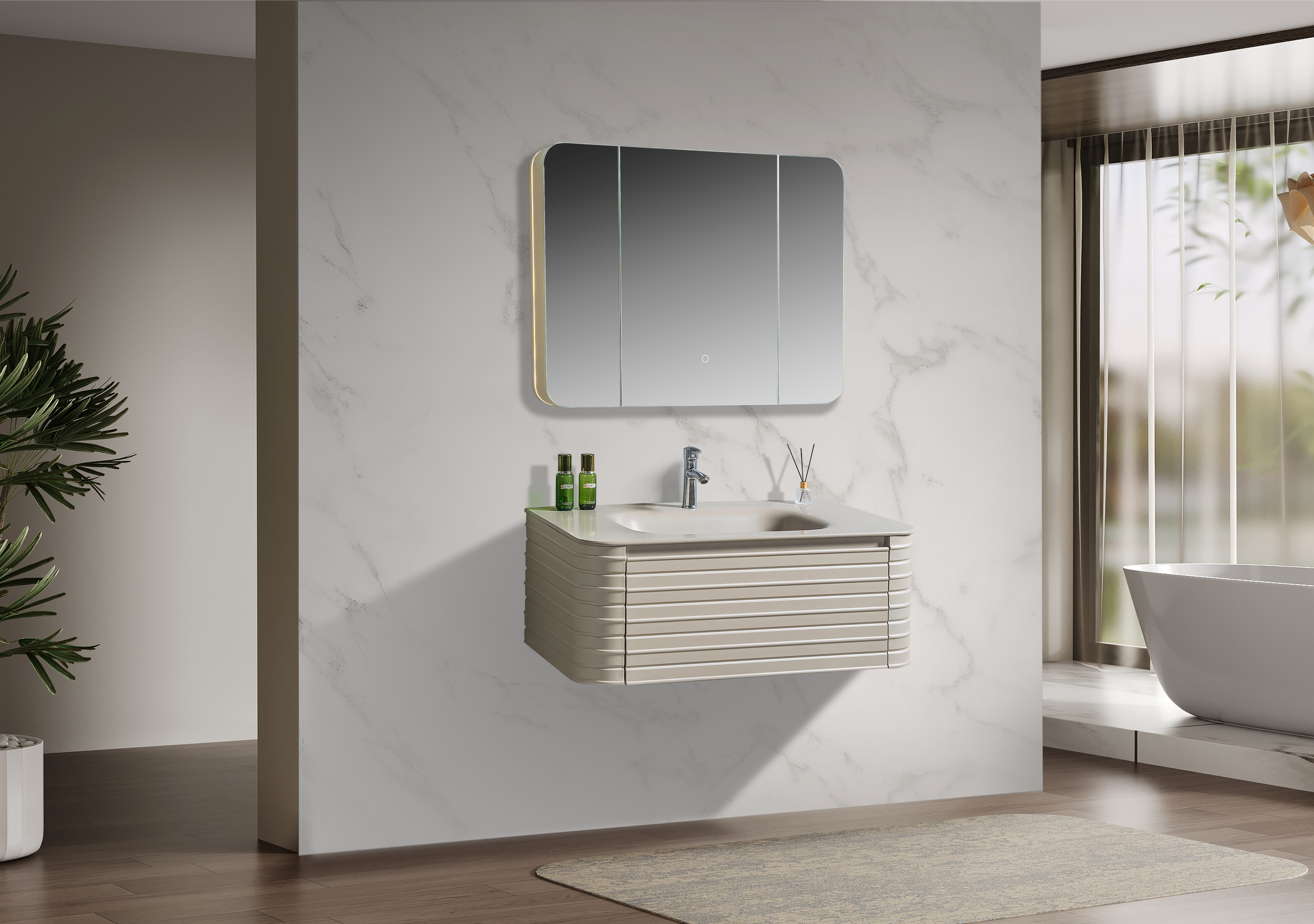 PVC Bathroom Wall Wash Basin Cabinet With Hand Touch Mirror LY012 2