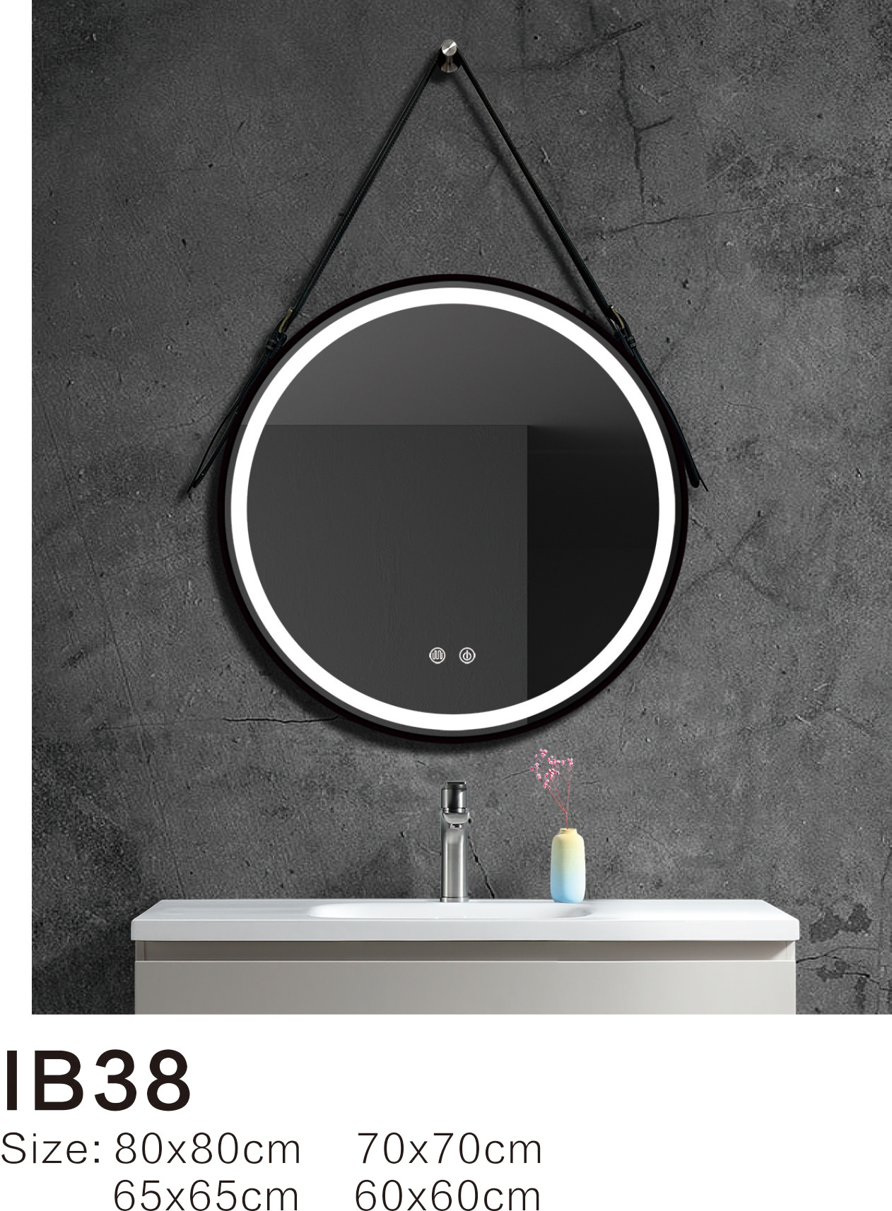 Hanging Rope Round Black Framed LED Makeup Mirror IB38