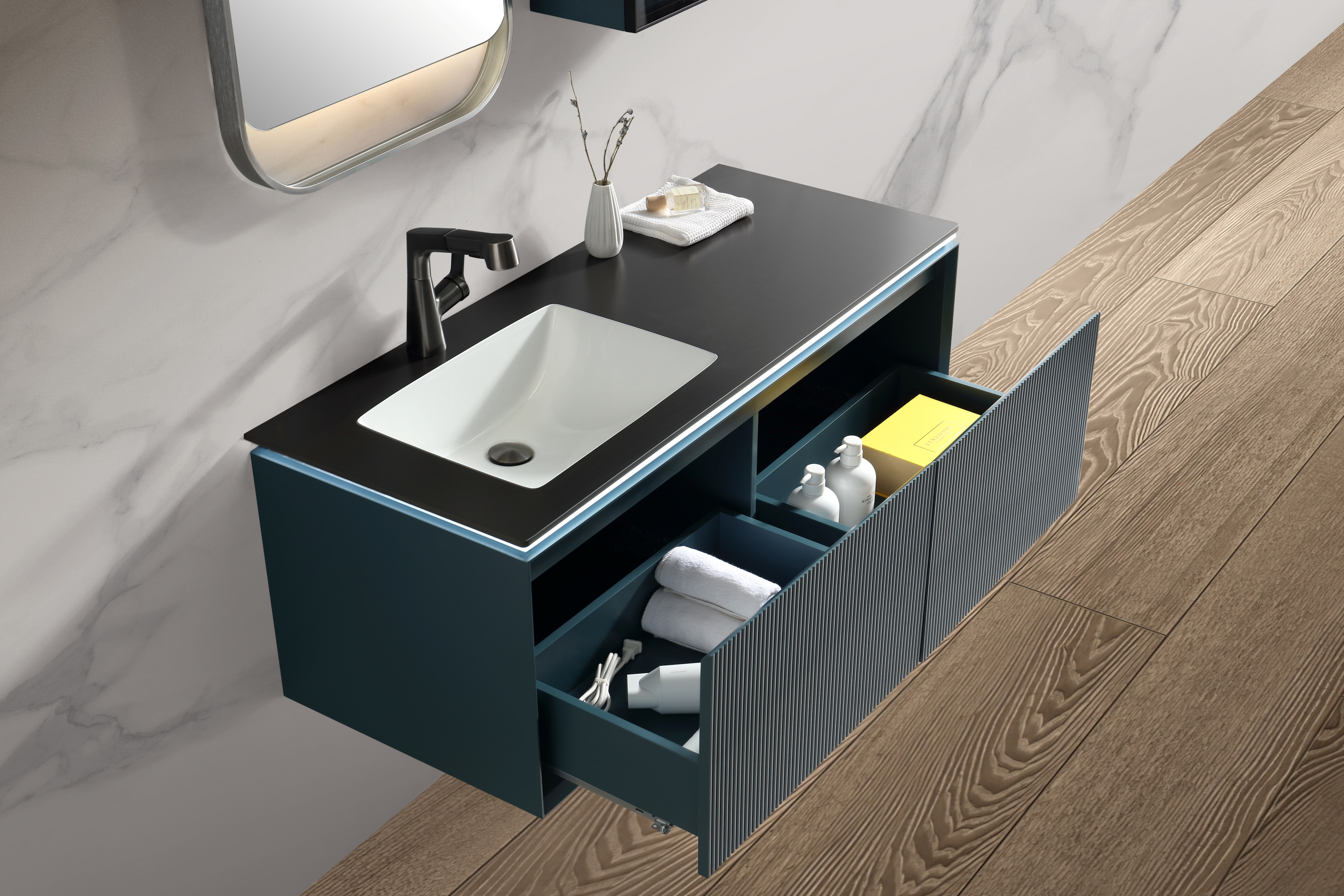 PVC Bathroom Wall Wash Basin Cabinet With Hand Wave Mirror LY014 2
