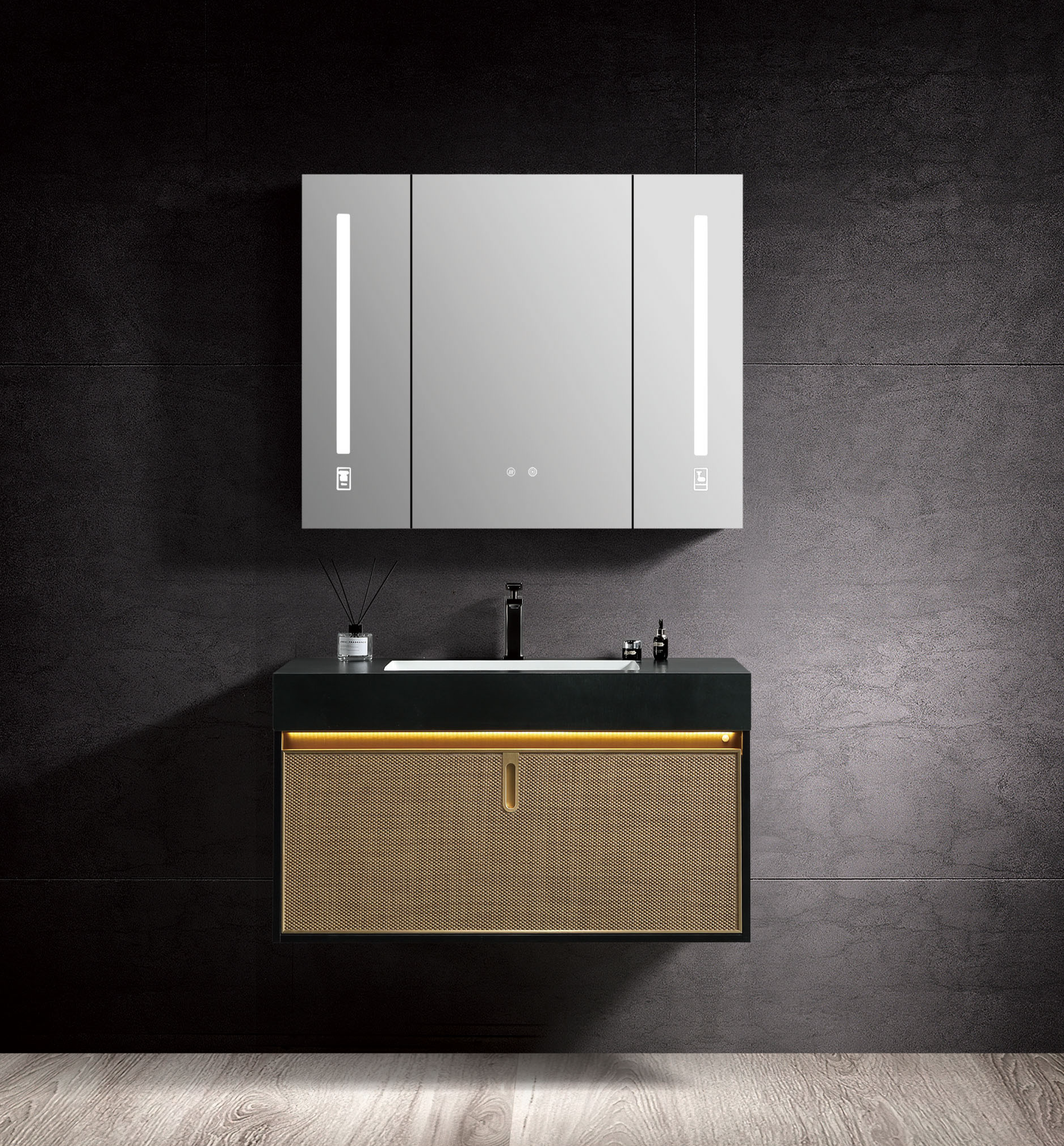 Oak Sink Vanity Unit Bathroom Cabinet With Human Body Sensing A618