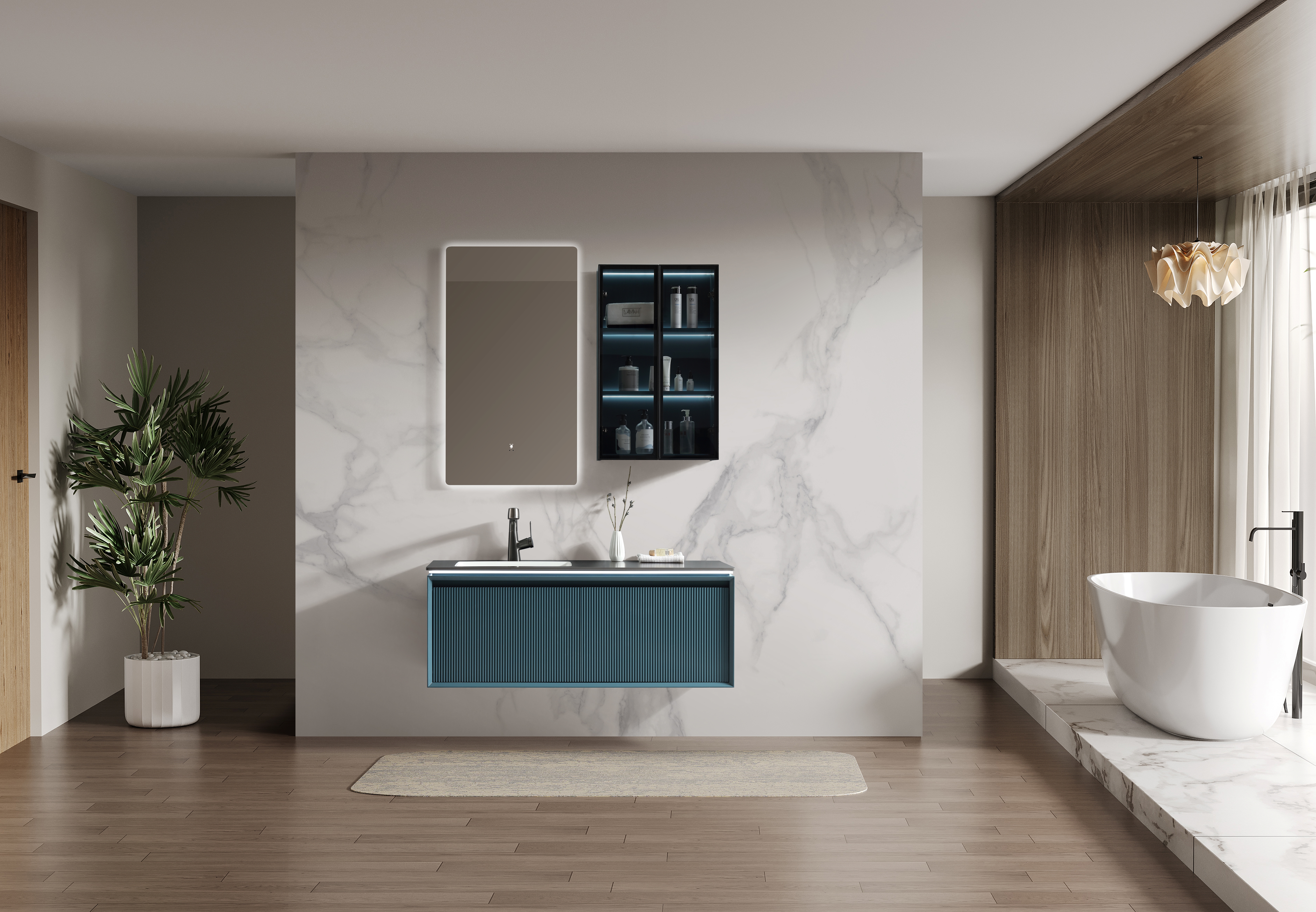 PVC Bathroom Wall Wash Basin Cabinet With Hand Wave Mirror LY014